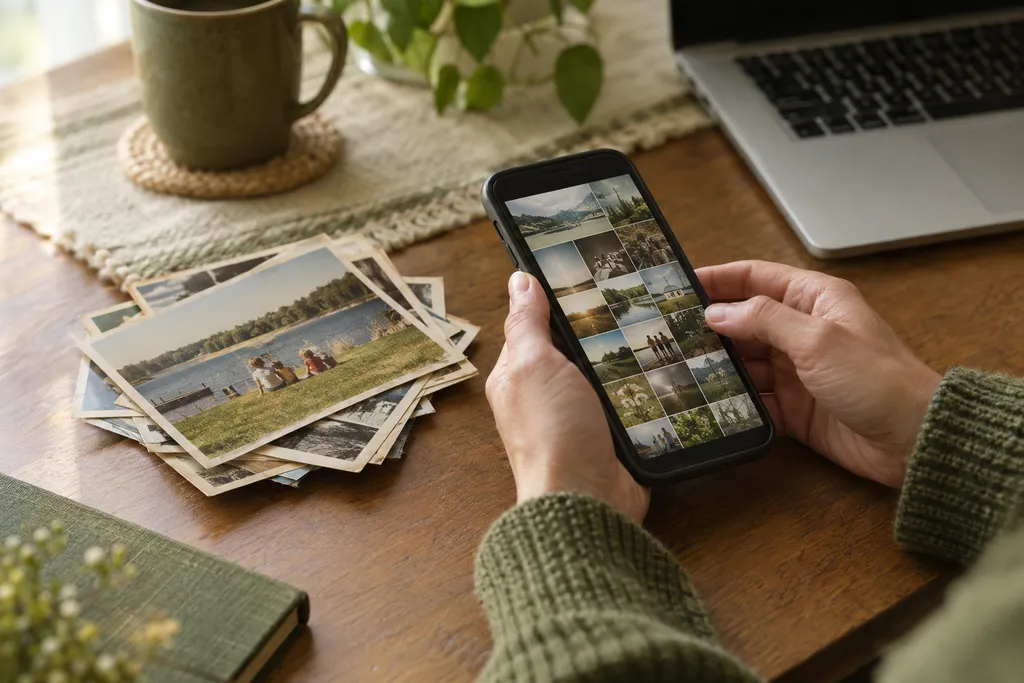 Hands holding a phone full of photos next to a stack of printed family pictures