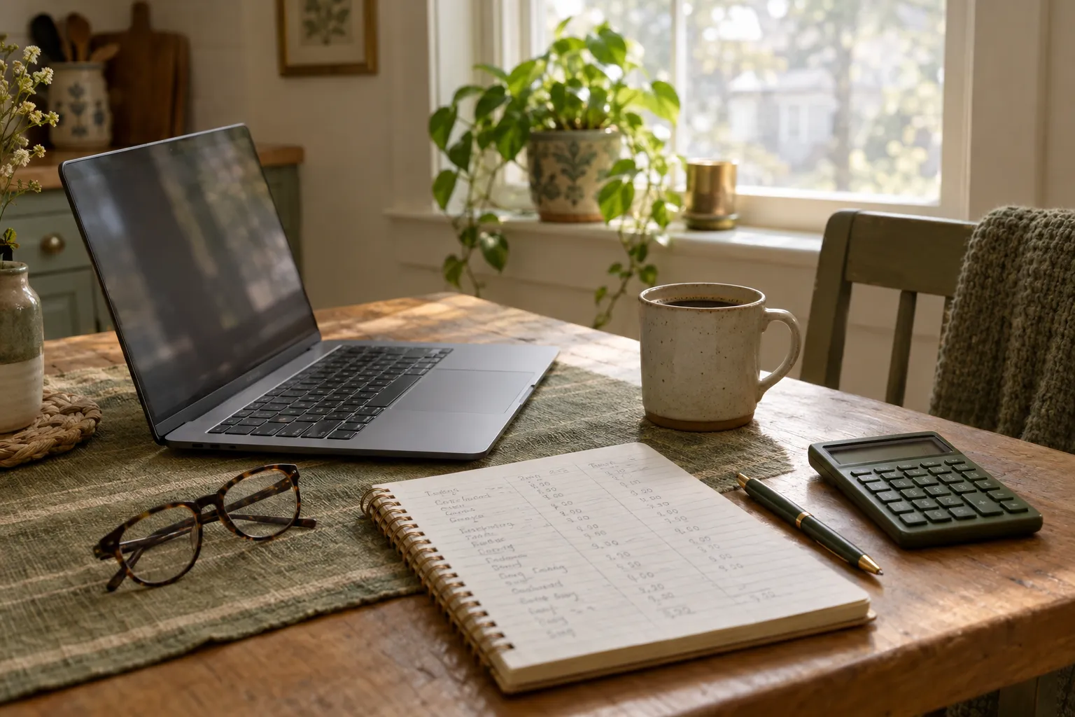 A kitchen table set up for working from home: an open laptop, coffee, a notebook with a budget and a calculator