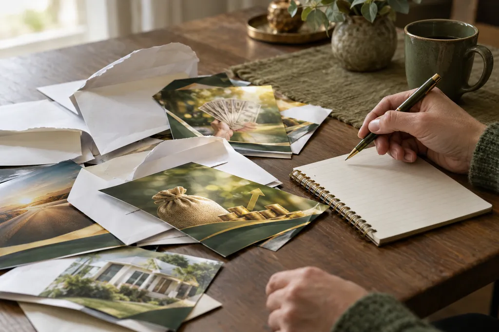 A hand with a pen pausing over a notepad next to a pile of glossy get-rich flyers